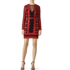 NICOLE MILLER Red Black Illusion Embroidered Mesh Long Sleeve Sheath Dress Size6